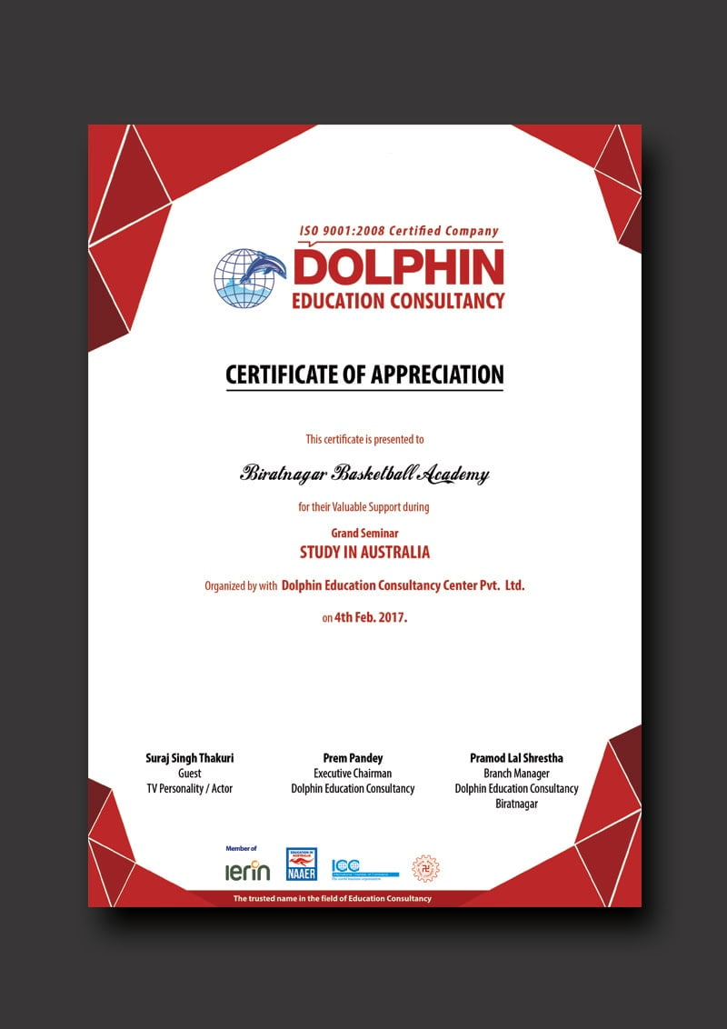 Certificate of Appreciation –  Dolphin